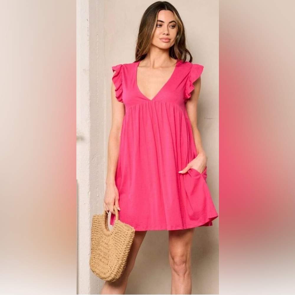 Sugar Lips Pink Ruffle Sleeve Mini Dress (Romper) with Pockets